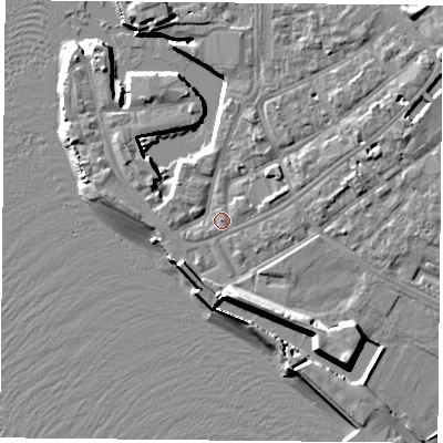 Shaded relief map of the ground around PO12JB, computed from Environment Agency LiDAR. The ground here sits at about 3 m above sea level and falls 12 m across the surrounding 800 m. Surface water reaching this point runs off ground lying to the south-east, 6.9 m higher.