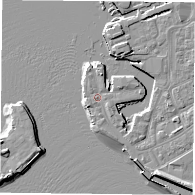 Shaded relief map of the ground around PO12JD, computed from Environment Agency LiDAR. The ground here sits at about 3 m above sea level and falls 11 m across the surrounding 800 m. Surface water reaching this point runs off ground lying to the north, 2.6 m higher.