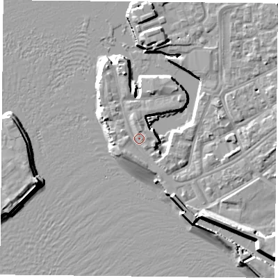 Shaded relief map of the ground around PO12JE, computed from Environment Agency LiDAR. The ground here sits at about 3 m above sea level and falls 11 m across the surrounding 800 m. Surface water reaching this point runs off ground lying to the south, 1.3 m higher.