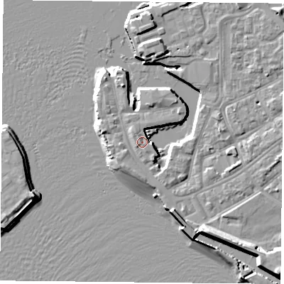 Shaded relief map of the ground around PO12JG, computed from Environment Agency LiDAR. The ground here sits at about 3 m above sea level and falls 12 m across the surrounding 800 m. Surface water reaching this point runs off ground lying to the south-east, 11.1 m higher.