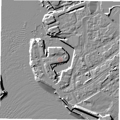 Shaded relief map of the ground around PO12JJ, computed from Environment Agency LiDAR. The ground here sits at about 3 m above sea level and falls 11 m across the surrounding 800 m. Surface water reaching this point runs off ground lying to the north-north-east, 1.3 m higher.