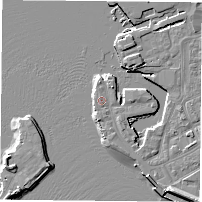 Shaded relief map of the ground around PO12JL, computed from Environment Agency LiDAR. The ground here sits at about 3 m above sea level and falls 11 m across the surrounding 800 m. Surface water reaching this point runs off ground lying to the south-south-east, 1.6 m higher.