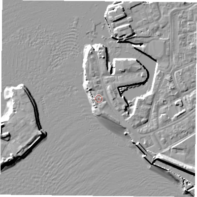 Shaded relief map of the ground around PO12JR, computed from Environment Agency LiDAR. The ground here sits at about 3 m above sea level and falls 11 m across the surrounding 800 m. Surface water reaching this point runs off ground lying to the south-south-east, 1.3 m higher.