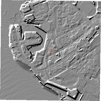 Shaded relief map of the ground around PO12JS, computed from Environment Agency LiDAR. The ground here sits at about 3 m above sea level and falls 12 m across the surrounding 800 m. Surface water reaching this point runs off ground lying to the south-south-east, 7.2 m higher.