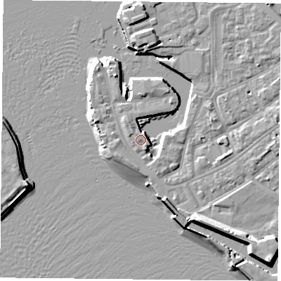 Shaded relief map of the ground around PO12JU, computed from Environment Agency LiDAR. The ground here sits at about 3 m above sea level and falls 12 m across the surrounding 800 m. Surface water reaching this point runs off ground lying to the south-east, 11.8 m higher.