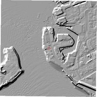 Shaded relief map of the ground around PO12JW, computed from Environment Agency LiDAR. The ground here sits at about 3 m above sea level and falls 11 m across the surrounding 800 m. Surface water reaching this point runs off ground lying to the south-south-east, 1.3 m higher.
