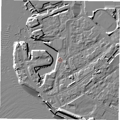 Shaded relief map of the ground around PO12JX, computed from Environment Agency LiDAR. The ground here sits at about 3 m above sea level and falls 11 m across the surrounding 800 m. Surface water reaching this point runs off ground lying to the south-east, 1.3 m higher.