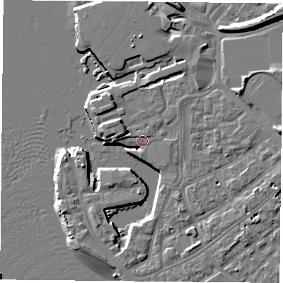 Shaded relief map of the ground around PO12LA, computed from Environment Agency LiDAR. The ground here sits at about 3 m above sea level and falls 11 m across the surrounding 800 m. Surface water reaching this point runs off ground lying to the east, 5.5 m higher.
