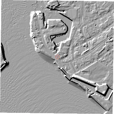 Shaded relief map of the ground around PO12LL, computed from Environment Agency LiDAR. The ground here sits at about 3 m above sea level and falls 12 m across the surrounding 800 m. Surface water reaching this point runs off ground lying to the south-east, 0.8 m higher.