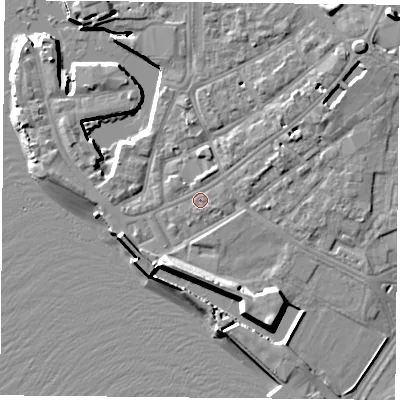 Shaded relief map of the ground around PO12LU, computed from Environment Agency LiDAR. The ground here sits at about 4 m above sea level and falls 12 m across the surrounding 800 m. Surface water reaching this point runs off ground lying to the east-north-east, 2.9 m higher.