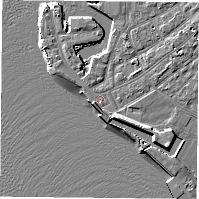 Shaded relief map of the ground around PO12LY, computed from Environment Agency LiDAR. The ground here sits at about 3 m above sea level and falls 12 m across the surrounding 800 m. Surface water reaching this point runs off ground lying to the south-east, 6.9 m higher.