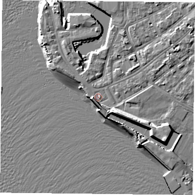 Shaded relief map of the ground around PO12ND, computed from Environment Agency LiDAR. The ground here sits at about 3 m above sea level and falls 12 m across the surrounding 800 m. Surface water reaching this point runs off ground lying to the east-south-east, 6.9 m higher.
