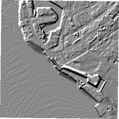 Shaded relief map of the ground around PO12NF, computed from Environment Agency LiDAR. The ground here sits at about 3 m above sea level and falls 12 m across the surrounding 800 m. Surface water reaching this point runs off ground lying to the south-east, 6.9 m higher.