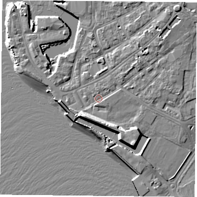Shaded relief map of the ground around PO12NL, computed from Environment Agency LiDAR. The ground here sits at about 3 m above sea level and falls 12 m across the surrounding 800 m. Surface water reaching this point runs off ground lying to the north-east, 2.8 m higher.