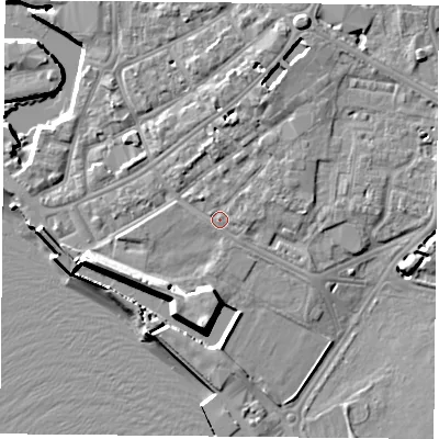 Shaded relief map of the ground around PO12NS, computed from Environment Agency LiDAR. The ground here sits at about 4 m above sea level and falls 12 m across the surrounding 800 m. Surface water reaching this point runs off ground lying to the north, 2.4 m higher.