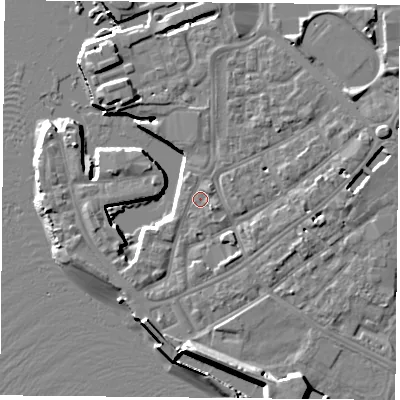 Shaded relief map of the ground around PO12PL, computed from Environment Agency LiDAR. The ground here sits at about 3 m above sea level and falls 11 m across the surrounding 800 m. Surface water reaching this point runs off ground lying to the east-south-east, 1.6 m higher.