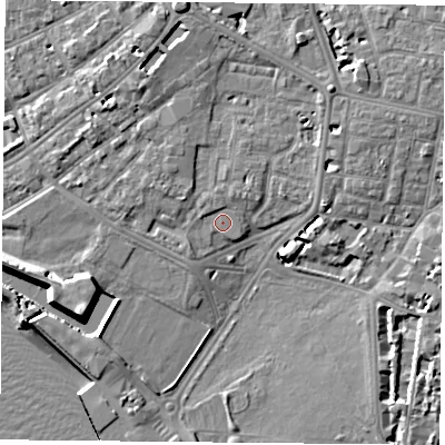 Shaded relief map of the ground around PO12TA, computed from Environment Agency LiDAR. The ground here sits at about 3 m above sea level and falls 12 m across the surrounding 800 m. Surface water reaching this point runs off ground lying to the west-north-west, 1.8 m higher.