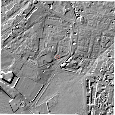 Shaded relief map of the ground around PO12TB, computed from Environment Agency LiDAR. The ground here sits at about 3 m above sea level and falls 12 m across the surrounding 800 m. Surface water reaching this point runs off ground lying to the west-south-west, 7.4 m higher.