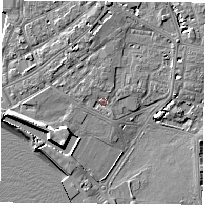 Shaded relief map of the ground around PO12TF, computed from Environment Agency LiDAR. The ground here sits at about 4 m above sea level and falls 12 m across the surrounding 800 m. Surface water reaching this point runs off ground lying to the north-north-west, 1.8 m higher.