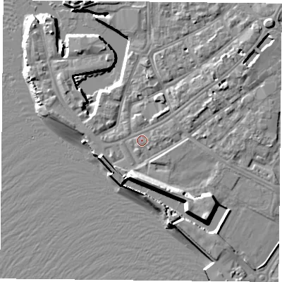 Shaded relief map of the ground around PO12TJ, computed from Environment Agency LiDAR. The ground here sits at about 3 m above sea level and falls 12 m across the surrounding 800 m. Surface water reaching this point runs off ground lying to the south-east, 6.9 m higher.