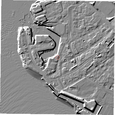 Shaded relief map of the ground around PO12TP, computed from Environment Agency LiDAR. The ground here sits at about 3 m above sea level and falls 12 m across the surrounding 800 m. Surface water reaching this point runs off ground lying to the south-east, 7.2 m higher.