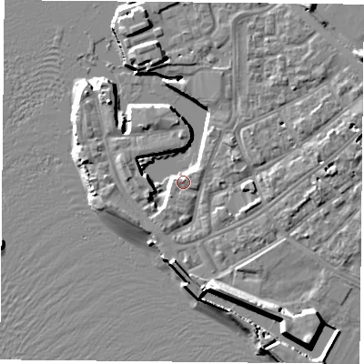Shaded relief map of the ground around PO12TT, computed from Environment Agency LiDAR. The ground here sits at about 3 m above sea level and falls 12 m across the surrounding 800 m. Surface water reaching this point runs off ground lying to the south-east, 7.2 m higher.
