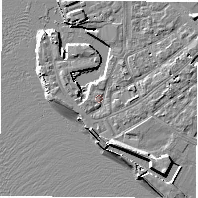 Shaded relief map of the ground around PO12TX, computed from Environment Agency LiDAR. The ground here sits at about 3 m above sea level and falls 12 m across the surrounding 800 m. Surface water reaching this point runs off ground lying to the south-east, 7.2 m higher.