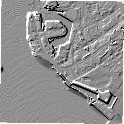 Shaded relief map of the ground around PO12TY, computed from Environment Agency LiDAR. The ground here sits at about 3 m above sea level and falls 12 m across the surrounding 800 m. Surface water reaching this point runs off ground lying to the south-east, 7.2 m higher.