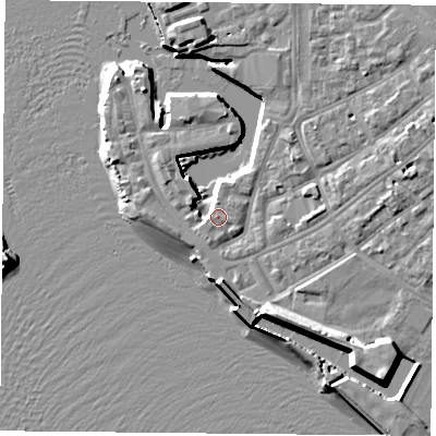 Shaded relief map of the ground around PO12TZ, computed from Environment Agency LiDAR. The ground here sits at about 3 m above sea level and falls 12 m across the surrounding 800 m. Surface water reaching this point runs off ground lying to the south-east, 7.2 m higher.