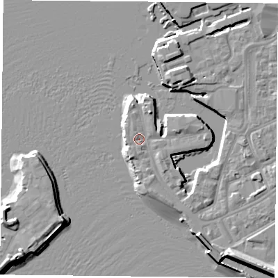 Shaded relief map of the ground around PO12UA, computed from Environment Agency LiDAR. The ground here sits at about 2 m above sea level and falls 11 m across the surrounding 800 m. Surface water reaching this point runs off ground lying to the east-north-east, 1.7 m higher.