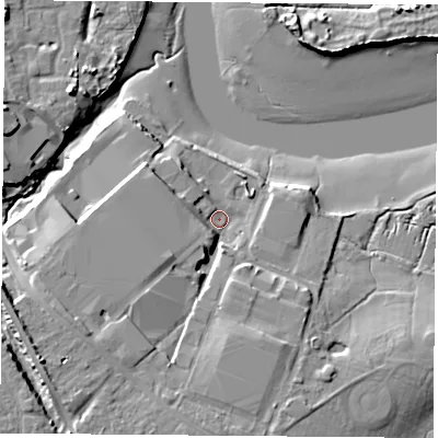 Shaded relief map of the ground around PO130AU, computed from Environment Agency LiDAR. The ground here sits at about 4 m above sea level and falls 14 m across the surrounding 800 m. Surface water reaching this point runs off ground lying to the south-west, 8.7 m higher.