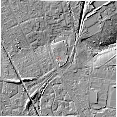 Shaded relief map of the ground around PO130FQ, computed from Environment Agency LiDAR. The ground here sits at about 8 m above sea level and falls 12 m across the surrounding 800 m. Surface water reaching this point runs off ground lying to the east-south-east, 1.4 m higher.