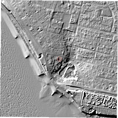 Shaded relief map of the ground around PO139AA, computed from Environment Agency LiDAR. The ground here sits at about 6 m above sea level and falls 12 m across the surrounding 800 m. Surface water reaching this point runs off ground lying to the north-west, 1.8 m higher.