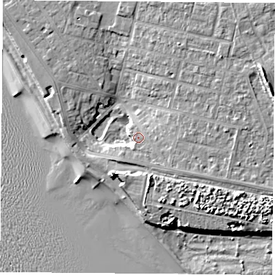 Shaded relief map of the ground around PO139AD, computed from Environment Agency LiDAR. The ground here sits at about 6 m above sea level and falls 13 m across the surrounding 800 m. Surface water reaching this point runs off ground lying to the south-east, 1.1 m higher.