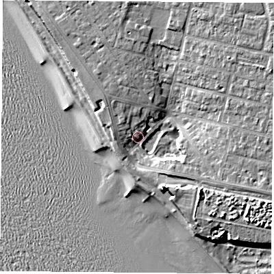 Shaded relief map of the ground around PO139AH, computed from Environment Agency LiDAR. The ground here sits at about 5 m above sea level and falls 12 m across the surrounding 800 m. Surface water reaching this point runs off ground lying to the south-east, 7.6 m higher.