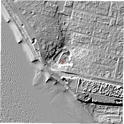 Shaded relief map of the ground around PO139AP, computed from Environment Agency LiDAR. The ground here sits at about 2 m above sea level and falls 12 m across the surrounding 800 m. Surface water reaching this point runs off ground lying to the east-south-east, 5.5 m higher.