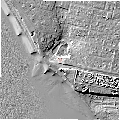 Shaded relief map of the ground around PO139BJ, computed from Environment Agency LiDAR. The ground here sits at about 5 m above sea level and falls 12 m across the surrounding 800 m. Surface water reaching this point runs off ground lying to the east-south-east, 5.5 m higher.