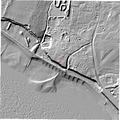 Shaded relief map of the ground around PO139FJ, computed from Environment Agency LiDAR. The ground here sits at about 8 m above sea level and falls 14 m across the surrounding 800 m. Surface water reaching this point runs off ground lying to the north-north-east, 0.8 m higher.