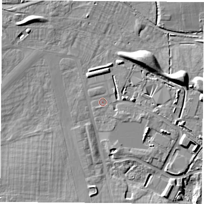Shaded relief map of the ground around PO139FW, computed from Environment Agency LiDAR. The ground here sits at about 9 m above sea level and falls 10 m across the surrounding 800 m. The ground contributing surface water to this point lies to the north-north-east.