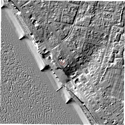 Shaded relief map of the ground around PO139LA, computed from Environment Agency LiDAR. The ground here sits at about 7 m above sea level and falls 12 m across the surrounding 800 m. Surface water reaching this point runs off ground lying to the north-north-west, 2.6 m higher.