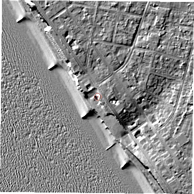 Shaded relief map of the ground around PO139LB, computed from Environment Agency LiDAR. The ground here sits at about 6 m above sea level and falls 12 m across the surrounding 800 m. Surface water reaching this point runs off ground lying to the east-north-east, 3.3 m higher.