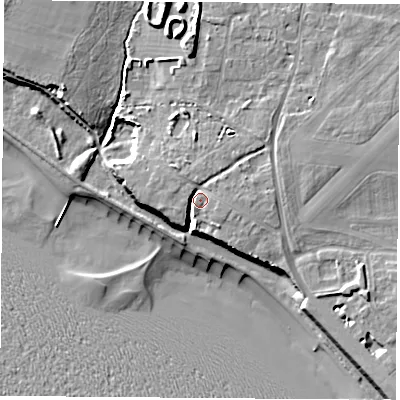 Shaded relief map of the ground around PO139NJ, computed from Environment Agency LiDAR. The ground here sits at about 9 m above sea level and falls 14 m across the surrounding 800 m. Surface water reaching this point runs off ground lying to the north-east, 4.5 m higher.