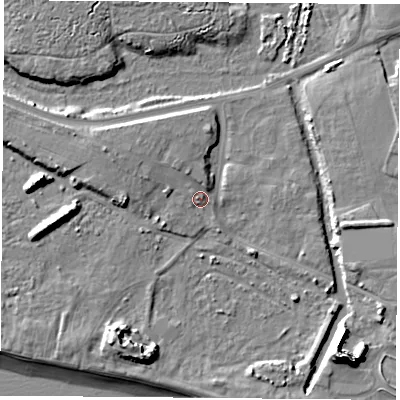 Shaded relief map of the ground around PO139UG, computed from Environment Agency LiDAR. The ground here sits at about 3 m above sea level and falls 14 m across the surrounding 800 m. Surface water reaching this point runs off ground lying to the north-north-west, 2.7 m higher.