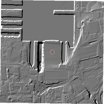 Shaded relief map of the ground around PO13AQ, computed from Environment Agency LiDAR. The ground here sits at about 4 m above sea level and falls 18 m across the surrounding 800 m. The ground contributing surface water to this point lies to the south-west.