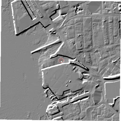 Shaded relief map of the ground around PO13EU, computed from Environment Agency LiDAR. The ground here sits at about 0 m above sea level and falls 11 m across the surrounding 800 m. Surface water reaching this point runs off ground lying to the east-south-east, 7.5 m higher.