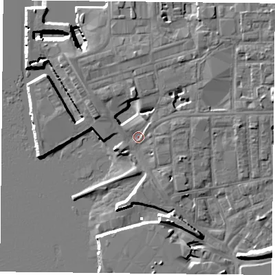 Shaded relief map of the ground around PO13LJ, computed from Environment Agency LiDAR. The ground here sits at about 4 m above sea level and falls 13 m across the surrounding 800 m. Surface water reaching this point runs off ground lying to the north, 5.8 m higher.