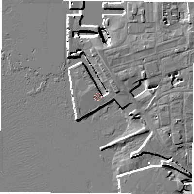 Shaded relief map of the ground around PO13LT, computed from Environment Agency LiDAR. The ground here sits at about 4 m above sea level and falls 12 m across the surrounding 800 m. Surface water reaching this point runs off ground lying to the north-north-west, 0.7 m higher.