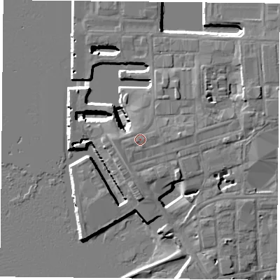 Shaded relief map of the ground around PO13LU, computed from Environment Agency LiDAR. The ground here sits at about 6 m above sea level and falls 11 m across the surrounding 800 m. Surface water reaching this point runs off ground lying to the west-south-west, 0.5 m higher.