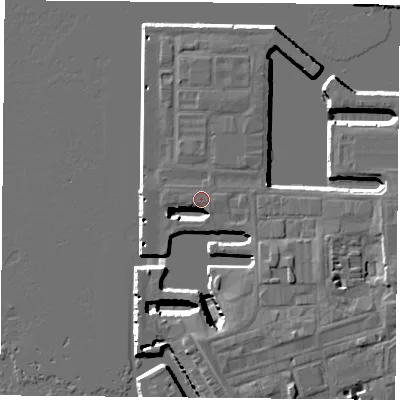 Shaded relief map of the ground around PO13NG, computed from Environment Agency LiDAR. The ground here sits at about 4 m above sea level and falls 11 m across the surrounding 800 m. Surface water reaching this point runs off ground lying to the west-south-west, 8.0 m higher.
