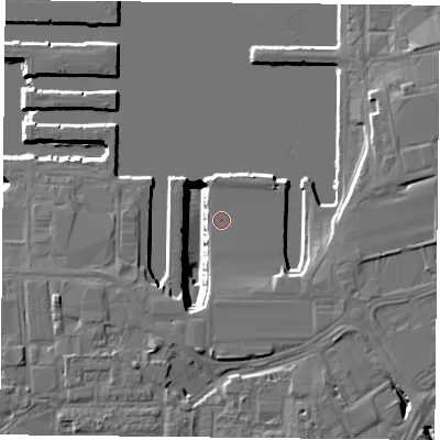 Shaded relief map of the ground around PO13NL, computed from Environment Agency LiDAR. The ground here sits at about 4 m above sea level and falls 18 m across the surrounding 800 m. The ground contributing surface water to this point lies to the south.